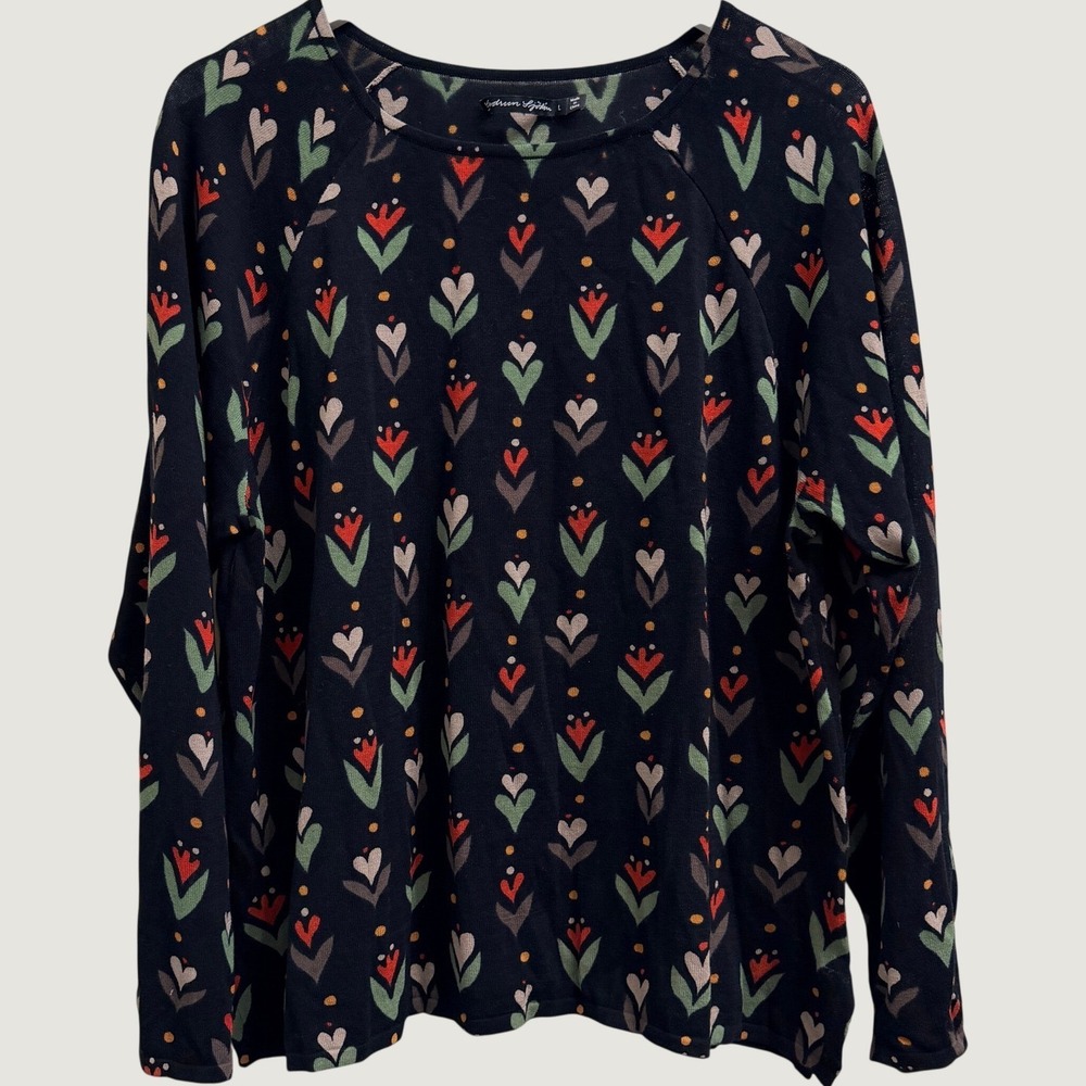 Gudrun Sjoden Sweater Top Black Floral Organic Recycled Cotton Knit Size Large